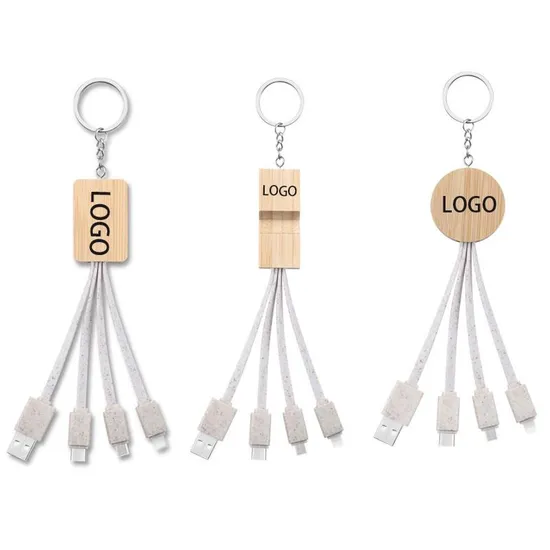 Wheat Straw Micro Multi Cables Keychain USB 3 En 1 Charger Cable 