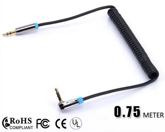 Gold Plated Spiral 3.5mm Aux Audio Cable with Right Angle 